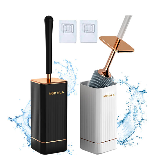 Aokala Toilet Brush and Holder, Elegant Silicone Toilet Bowl Brush Set with Ergonomic Long Handle, Modern Bathroom Decor Cleaning Accessories, Durable, Deep Cleaning Christmas gifts/Halloween gifts! - Black & White