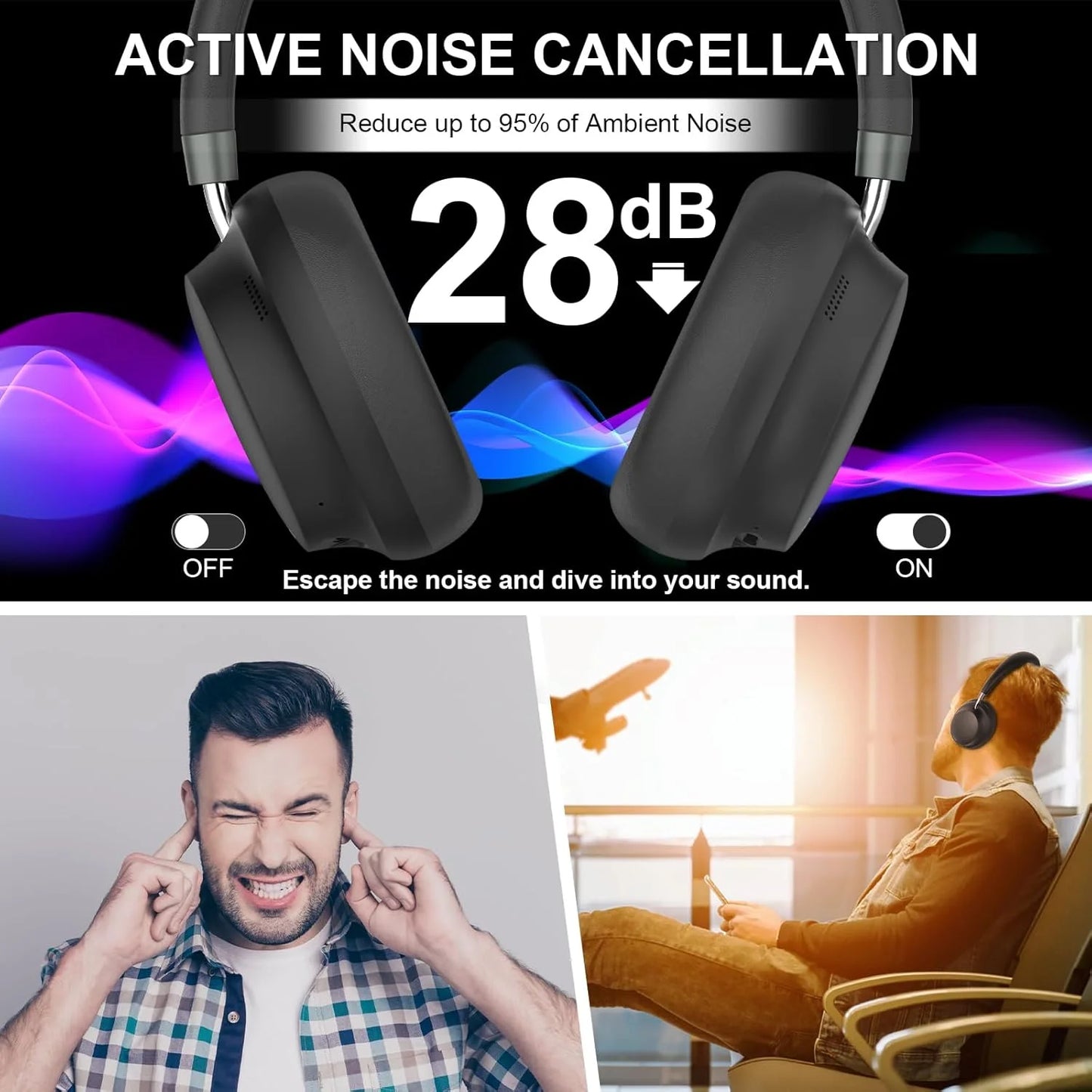 APP T-fun NC45 Bluetooth Active Noise Cancelling Headphones, Comfortable Wireless Over Ear Headphones with Mic, Hi-Res Audio,