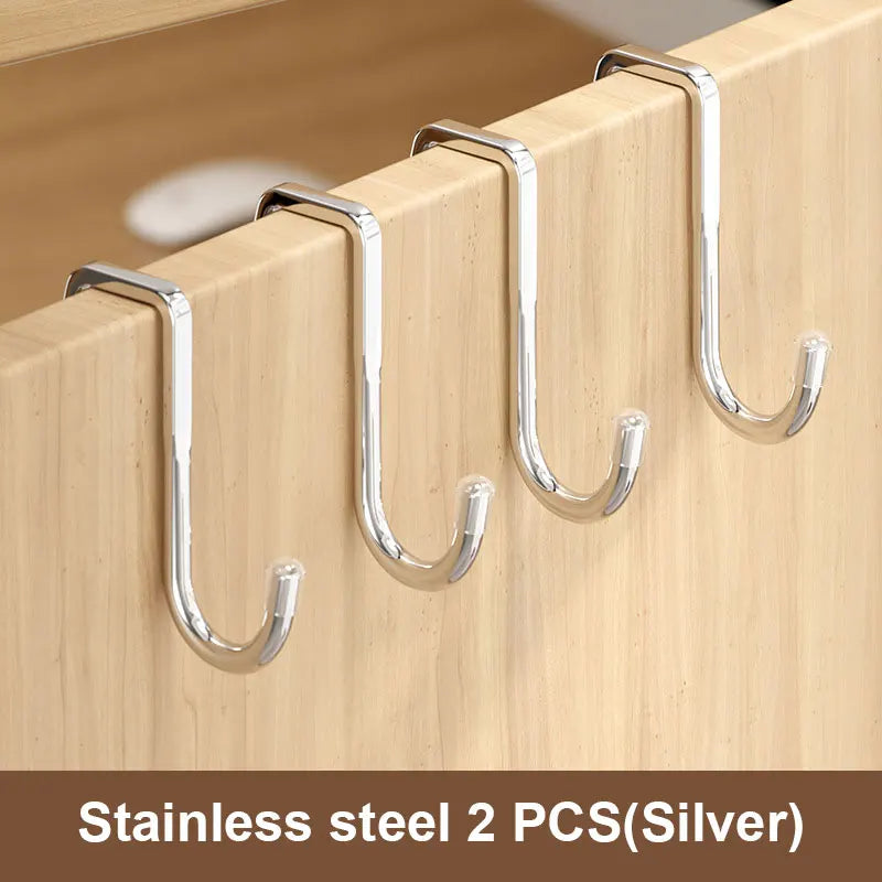 201 Stainless Steel Hook Free Punching Double S-Shape Hook Kitchen Bathroom Cabinet Door Back Type Coat Towel Storage Hanger