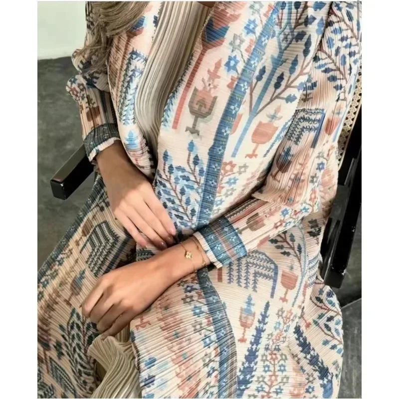Miyake Pleated 2024 New Folded Collar Long Sleeved Retro Printed Dress Belt for Women Dubai Designer Original Fashion Loose Coat