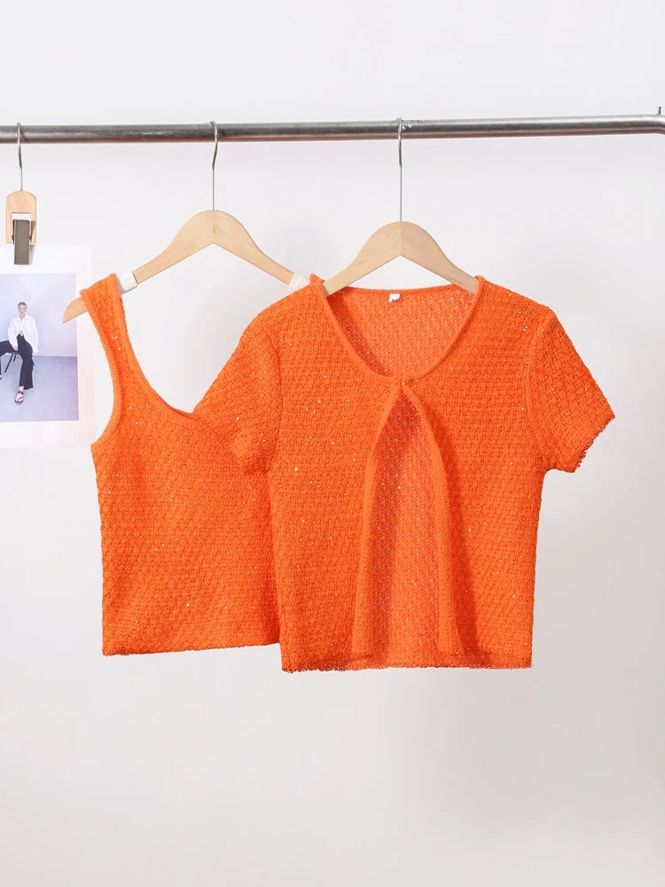 Casual Knit Cardigan 2 Pieces Women Loose O Neck Short Sleeves One Button Sweater Female 2025 Summer Fashion Chic Solid Knitwear