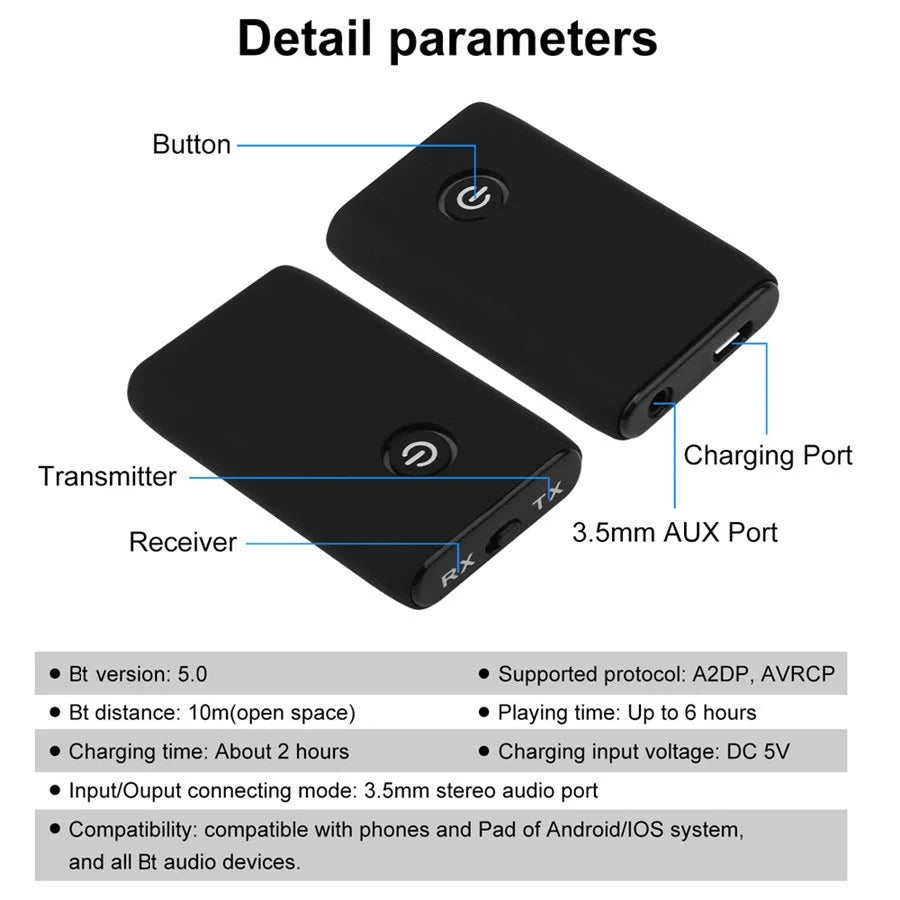 Wireless Bluetooth 5.0 Transmitter Receiver - Rechargeable 3.5mm AUX HiFi Audio Adapter TV PC Car