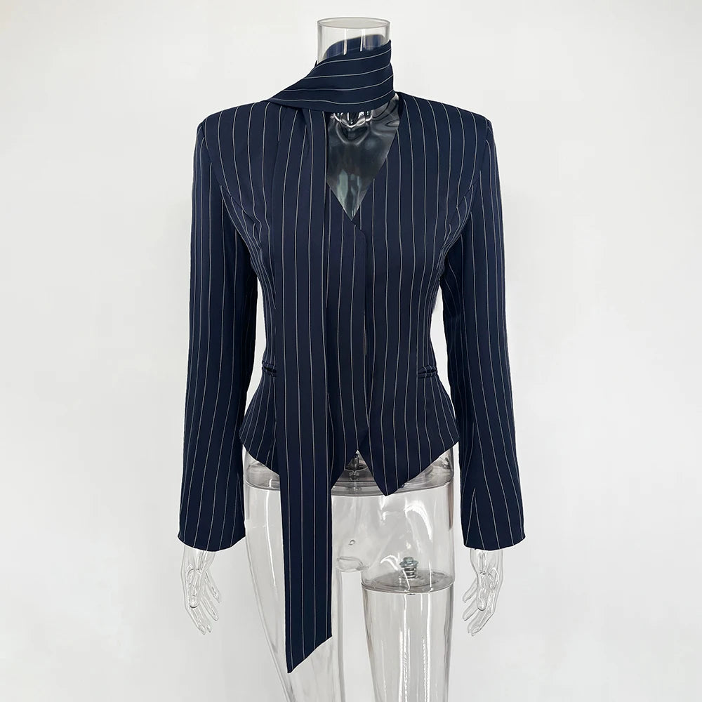 Tuularose Stripe Tailored Coat For Women Lace Up V Neck Long Sleeves Coat Female Fashion Elegant High-End Formal Tailored Coat