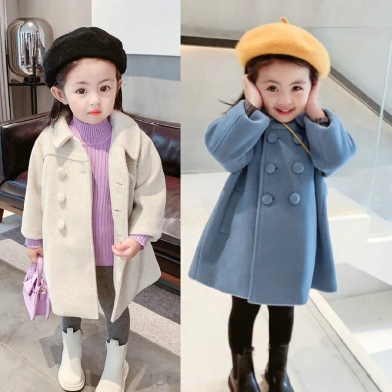 Children's Long Woolen Coat Autumn Winter Kids Warm Outerwear Girls' Double-Breasted Jackets Baby Cotton Clothing 2-8 Year