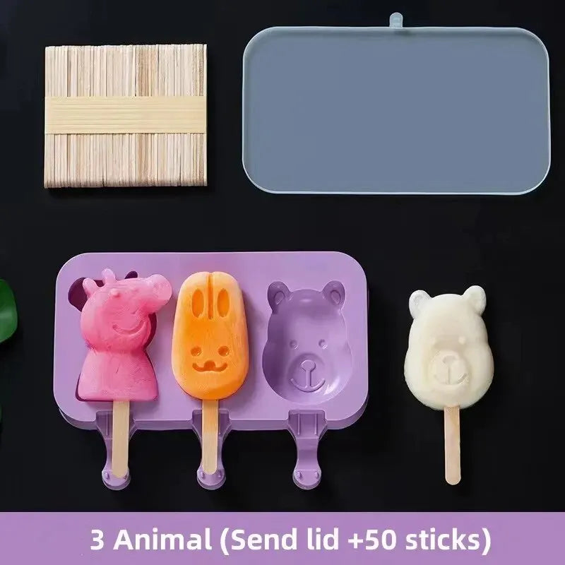 Silicone Ice Cream Mold Popsicle Siamese Molds with Lid DIY Homemade Ice Lolly Mold Cartoon Cute Image Handmade Kitchen Tools