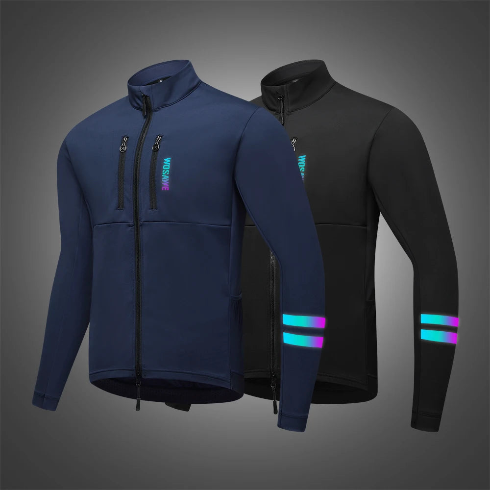 WOSAWE Men Cycling Jacket Autumn Winter Coats Thermal Fleece Windproof Bicycle Clothing Motorcycle Jackets with 2 way YKK Zipper