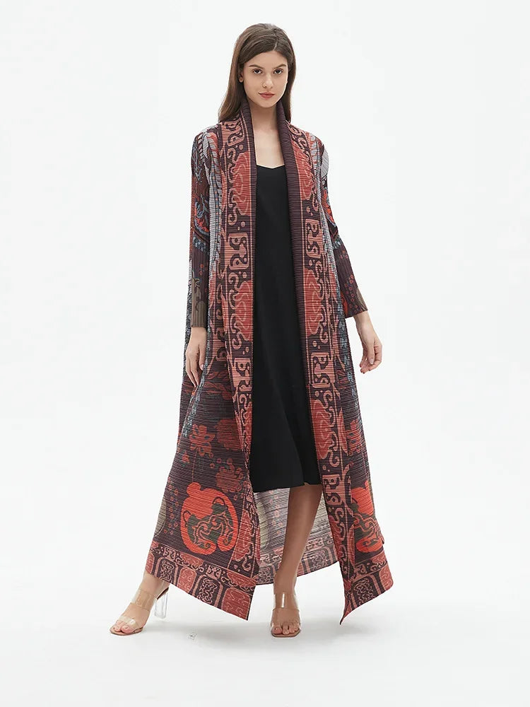 Miyake Pleated 2024 New Folded Collar Long Sleeved Retro Printed Dress Belt for Women Dubai Designer Original Fashion Loose Coat