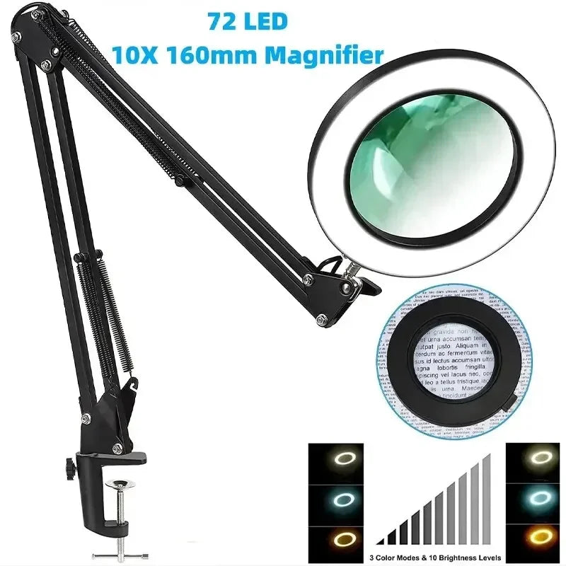 72LED Illuminated Magnifier 8X/10X - USB 3 Color LED Magnifying Glass Desk Lamp for Soldering Repair