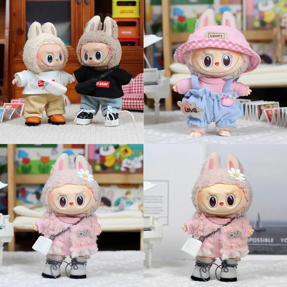 For 17cm Labubu Stylish Outfit Clothes Black Fragrant Style Set Pink Plush Coat Set Dolls Accessories Ropa Labubu