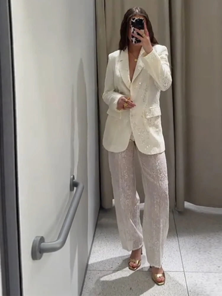Transparent Sequin Jacket Suit Pants Suits Women Sexy Lapel Single Breasted Jacket See Through Straight Pants Fashion Lady Sets