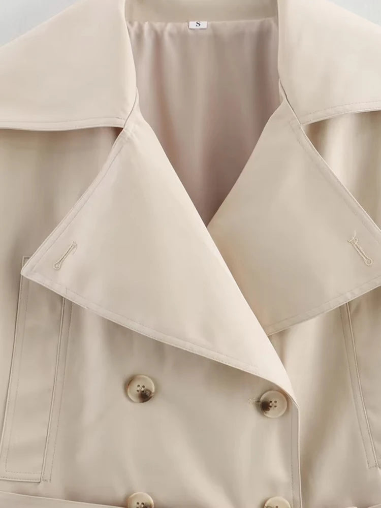 Double Breasted Crop Trench Coat for Women Fashion Belt Long Sleeve Lapel Collar Chic Outerwear Female Tops