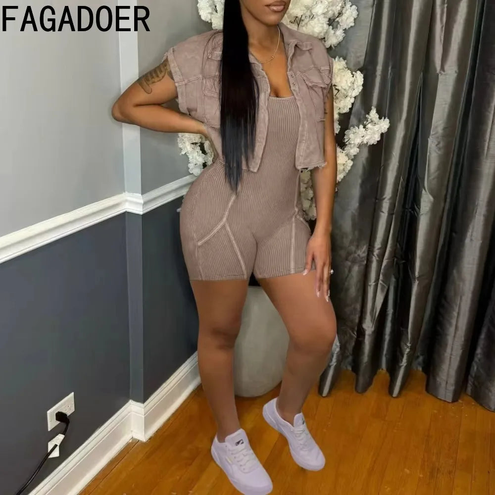 FAGADOER 2025 Spring New Casual Rib Bodycon Rompers for Women Sleeveless Coat + Spaghetti Strap Jumpsuits Casual Female Overalls