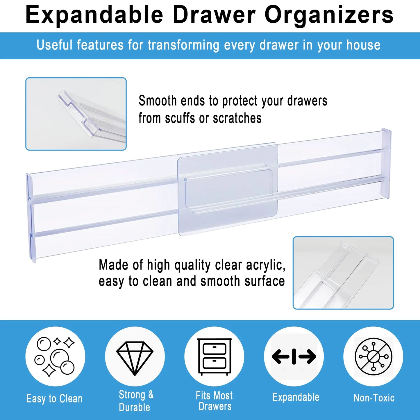 Drawer Dividers Organizers 4 Pack, Adjustable 8cm High Expandable from 27.5-52cm Kitchen Drawer Organizer, Clear Plastic