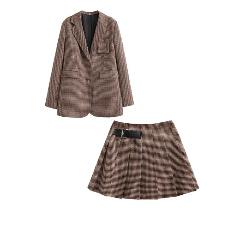 PB&ZA 2023 Autumn New Loose and Slim Suit Coat Leather Buckle Decoration Wide Pleated Skirt Pants Two Piece Set