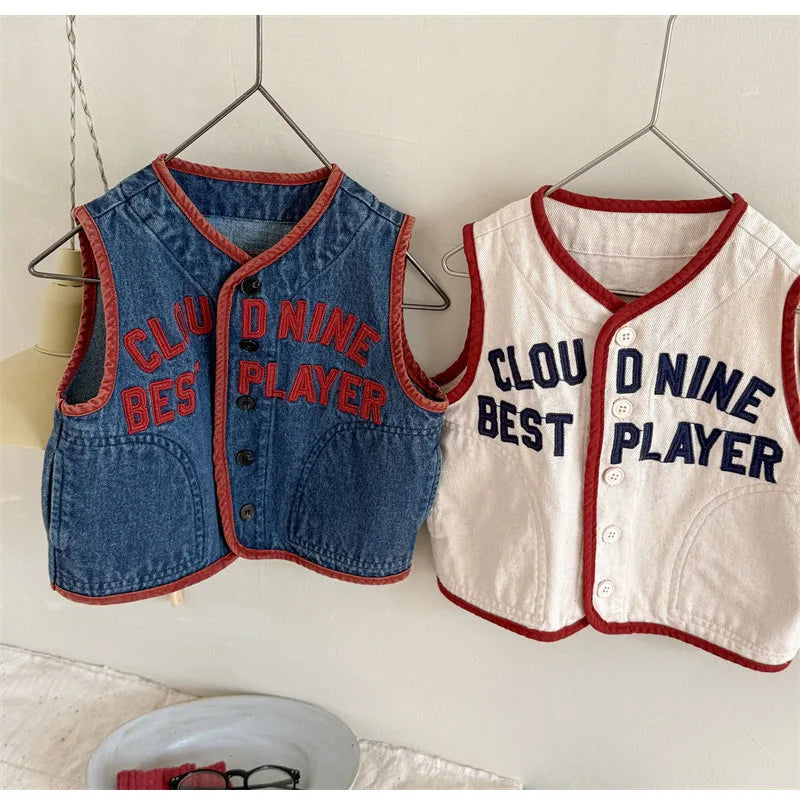 Children's Vest for Boys Girls 2025 Spring Autumn New Baby Denim Vest Letter Print Girls Kids V-Neck Waistcoat Coat