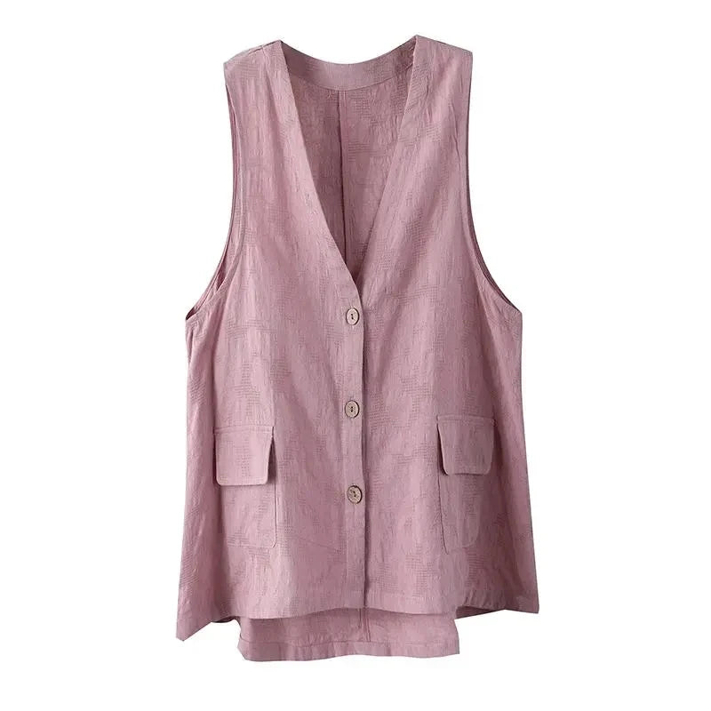 Fashion Retro Cotton Linen Vest Women's Waistcoat V Neck Loose Sleeveless Vest Coat Thin Cardigan Vest Jacket Tops Female 2022