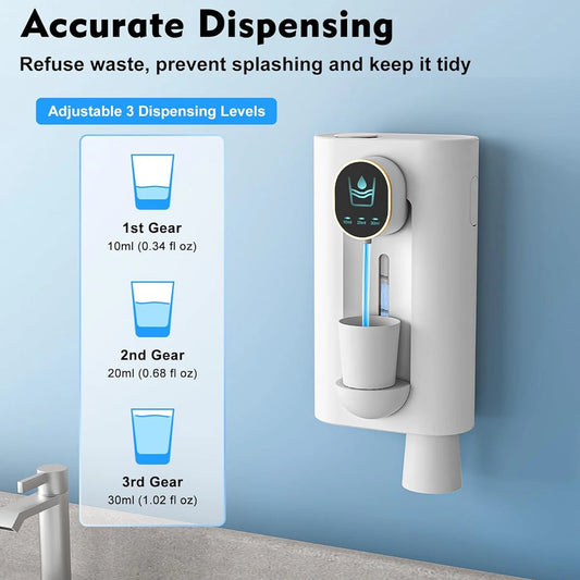 2025 New Smart Touchless 540ML Mouthwash  Dispenser w/LED, 3 Modes, Wall/Table Mount, 2 Cups, 2-in-1 Bathroom Essential