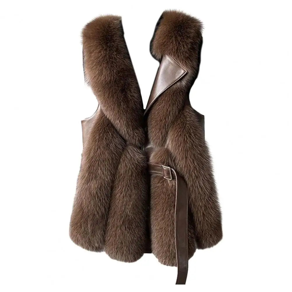 Winter Thick Fluffy Faux Fur Women Vest Coat Button Belt Patchwork Windproof Faux Leather Vest Sleeveless Waistcoat