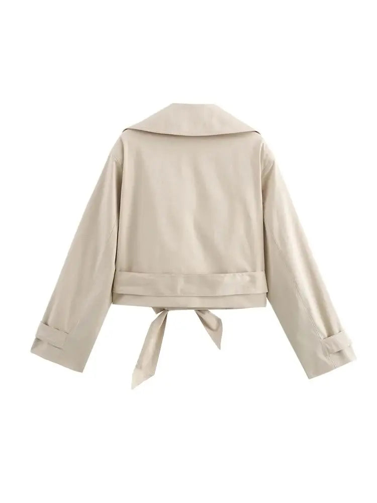 Double Breasted Crop Trench Coat for Women Fashion Belt Long Sleeve Lapel Collar Chic Outerwear Female Tops