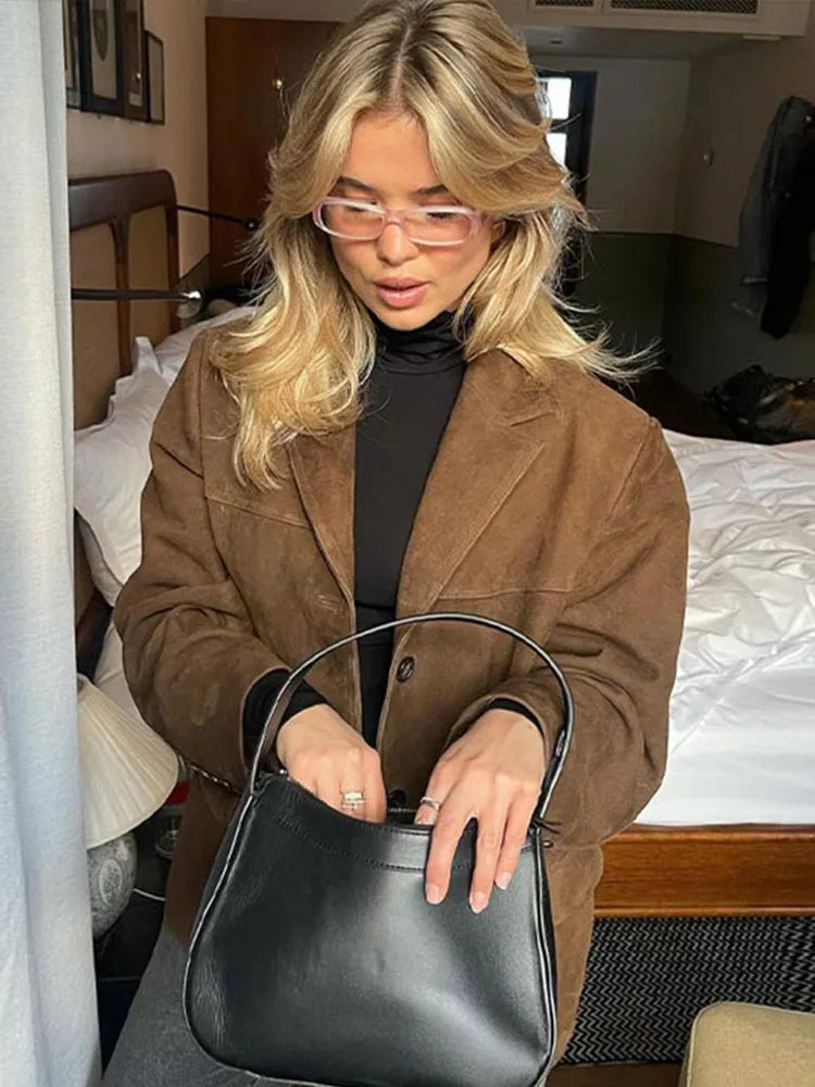 Boyfriend Brown Coat Women Spring - Turndown Collar Long Sleeve Loose Single-Breasted Jacket 2025