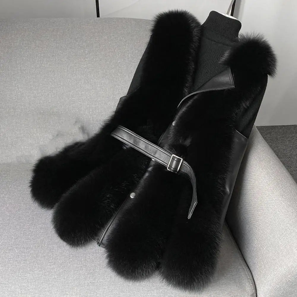 Winter Thick Fluffy Faux Fur Women Vest Coat Button Belt Patchwork Windproof Faux Leather Vest Sleeveless Waistcoat