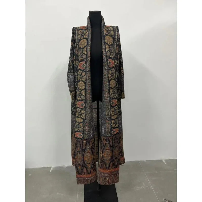 Miyake Pleated 2024 New Folded Collar Long Sleeved Retro Printed Dress Belt for Women Dubai Designer Original Fashion Loose Coat