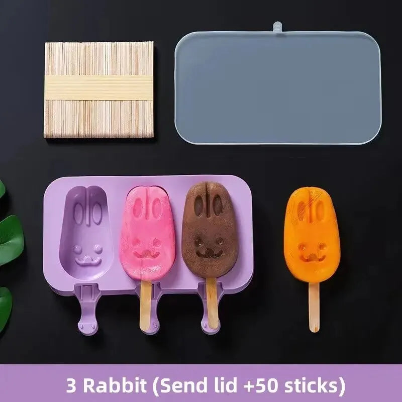 Silicone Ice Cream Mold Popsicle Siamese Molds with Lid DIY Homemade Ice Lolly Mold Cartoon Cute Image Handmade Kitchen Tools
