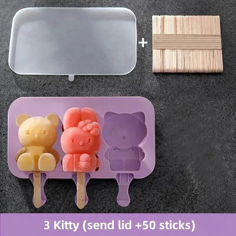 Silicone Ice Cream Mold Popsicle Siamese Molds with Lid DIY Homemade Ice Lolly Mold Cartoon Cute Image Handmade Kitchen Tools