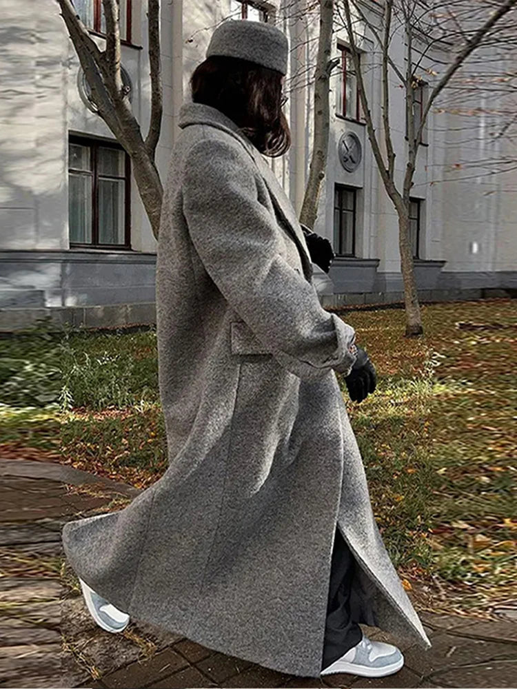 Fashion Grey Long Women's Coat Turndown Collar Double Breasted Long Sleeve Coats Fashion Vintage Winter Windproof Women Jacket