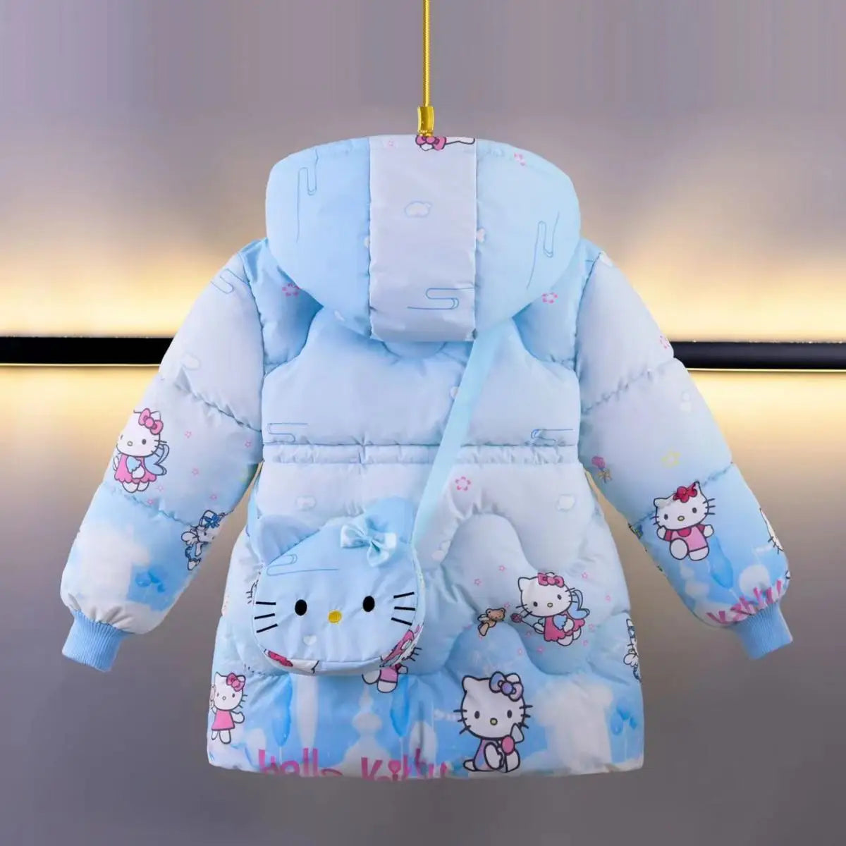Baby Girl Outerwear 2025 New Winter Children Cartoon Hello Kitty Printed Plush Thick Warm Princess Coat Zipper Hooded Parka+Bag