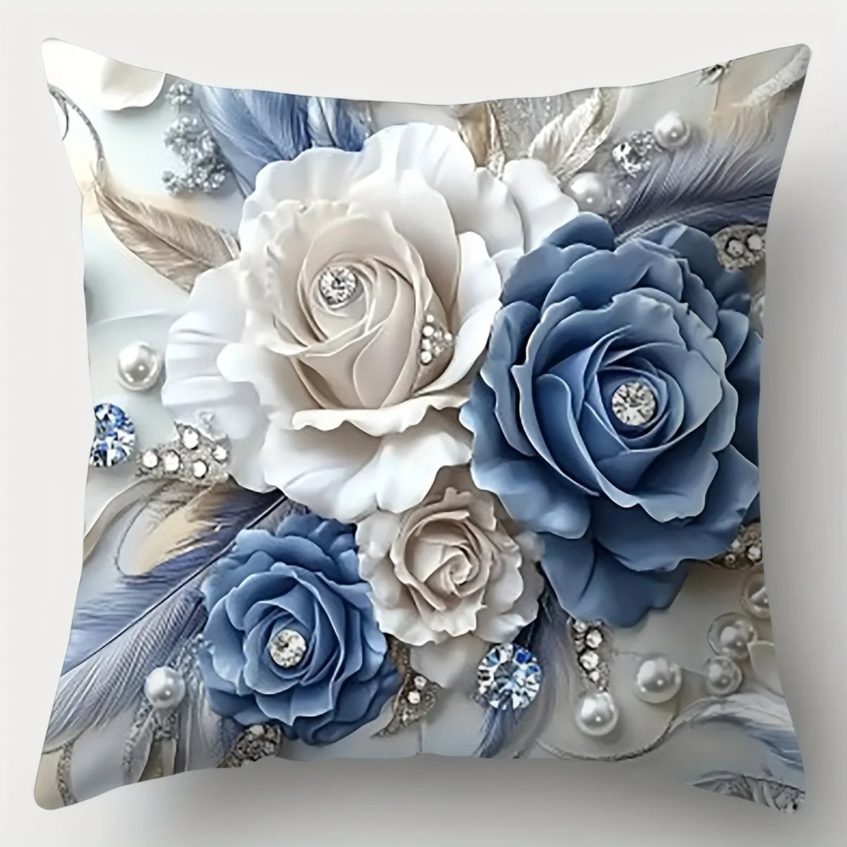 Blue White Floral Pillowcases - Jewelry Style Polyester Cushion Cover with Zipper Home Decor