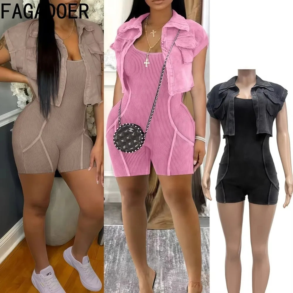 FAGADOER 2025 Spring New Casual Rib Bodycon Rompers for Women Sleeveless Coat + Spaghetti Strap Jumpsuits Casual Female Overalls