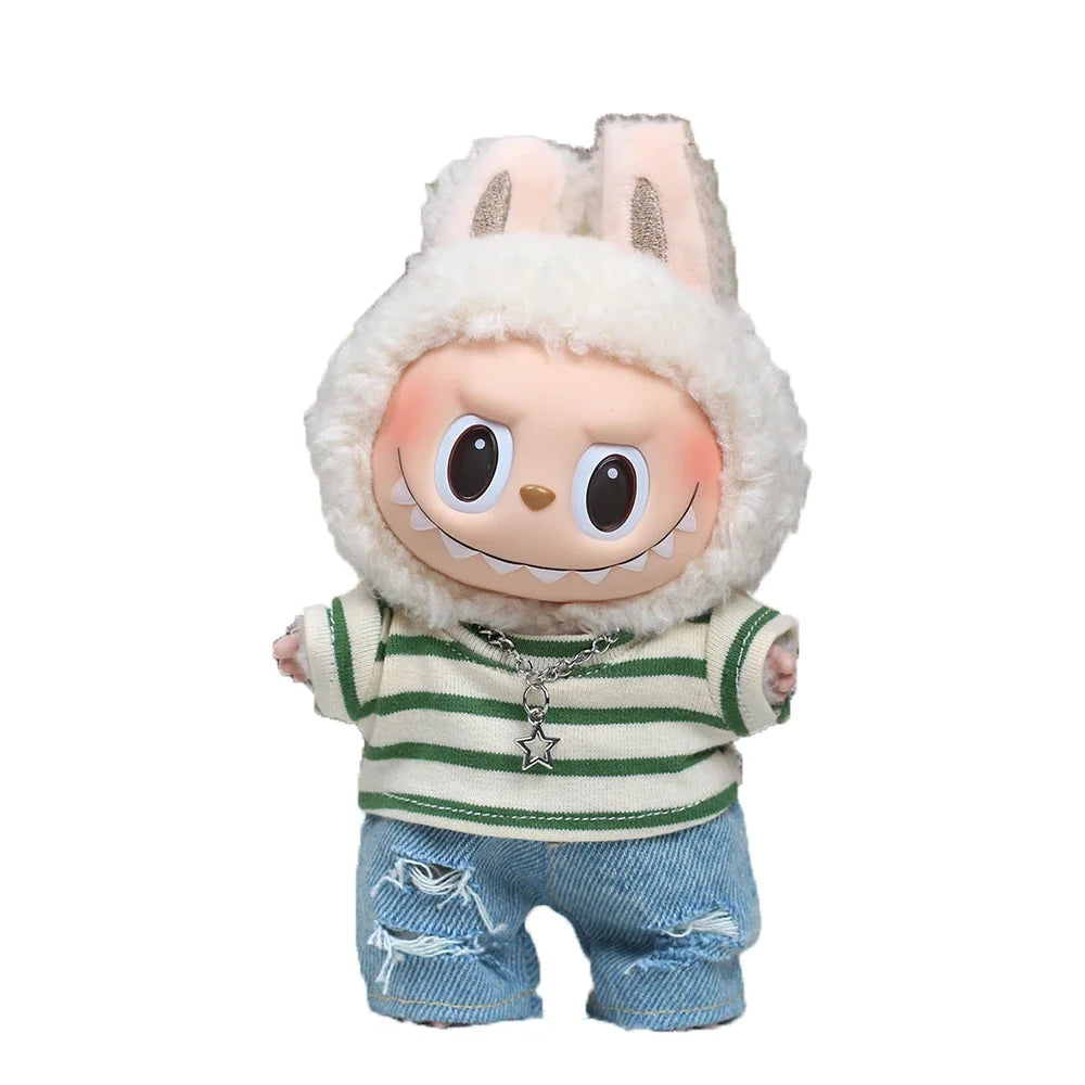 Mini Doll'S Clothes Outfit Accessories For 15-17cm Ropa Labubu V1 V2 V3&10cm Casual Plaid Coat and Denim Pants