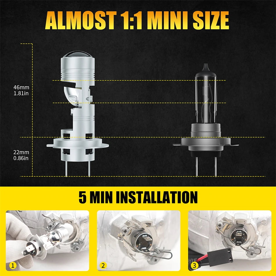 AILEO 2x H7 LED Headlight Bulbs Canbus 16000LM 400W - Mini Projector Lens 6500K White High/Low Beam