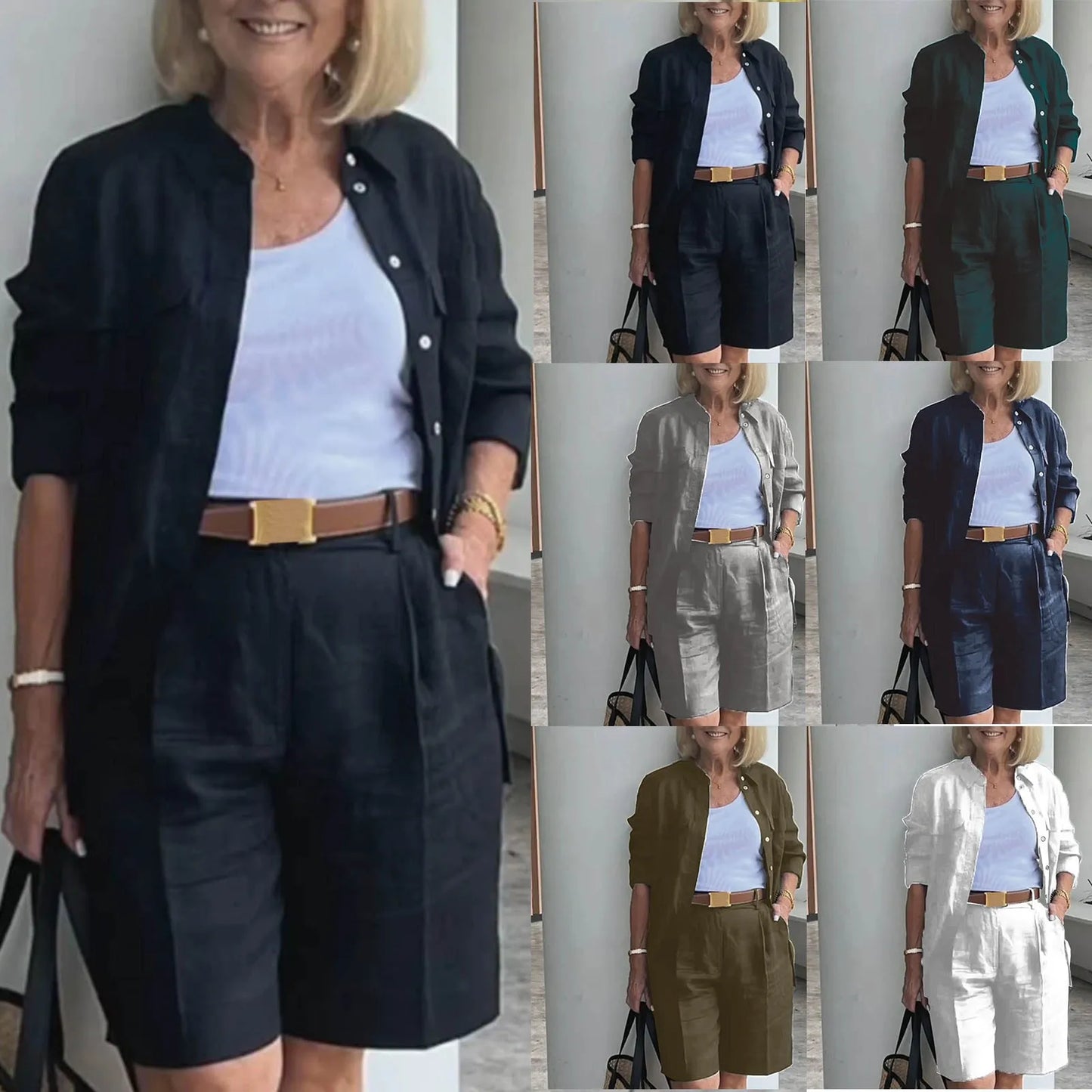 Elegant 2-Piece Sets For Women Womens Cardigan Shirt Top Summer Solid Color Casual Shorts Two Piece New In Matching Sets