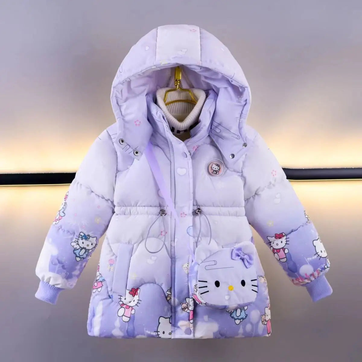 Baby Girl Outerwear 2025 New Winter Children Cartoon Hello Kitty Printed Plush Thick Warm Princess Coat Zipper Hooded Parka+Bag