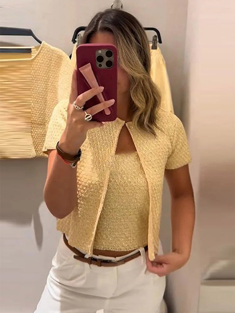 Casual Knit Cardigan 2 Pieces Women Loose O Neck Short Sleeves One Button Sweater Female 2025 Summer Fashion Chic Solid Knitwear