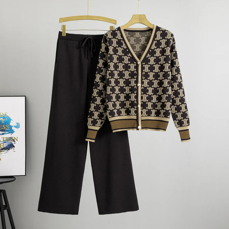 Spring Casual Two Piece Suit - Long Sleeve Knitted Cardigan Wide Leg Pants Women Sweater Set