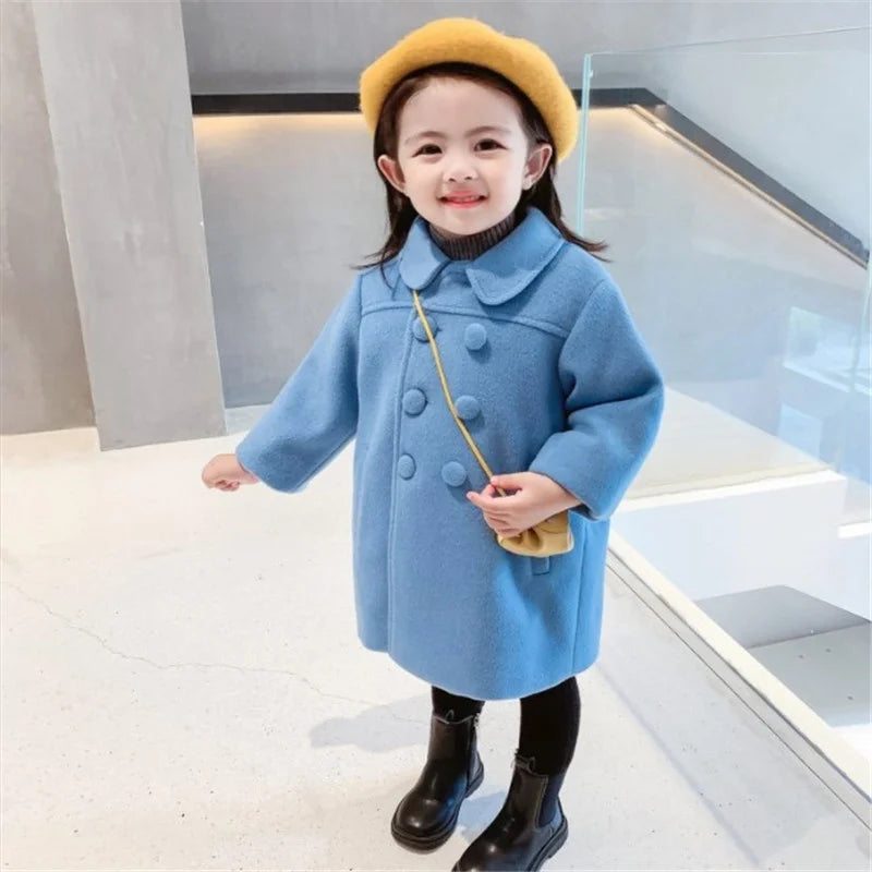 Children's Long Woolen Coat Autumn Winter Kids Warm Outerwear Girls' Double-Breasted Jackets Baby Cotton Clothing 2-8 Year