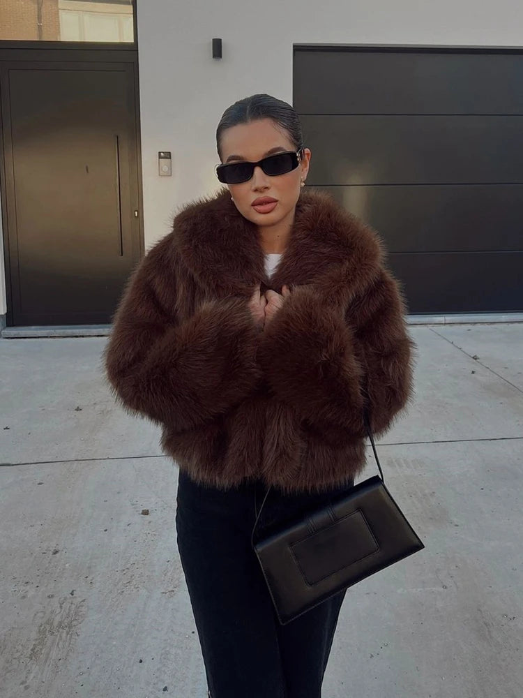 2024 RARA women's winter new style lapel long-sleeved artificial fur effect short coat comfortable temperament versatile