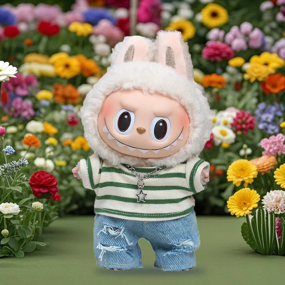 Mini Doll'S Clothes Outfit Accessories For 15-17cm Ropa Labubu V1 V2 V3&10cm Casual Plaid Coat and Denim Pants