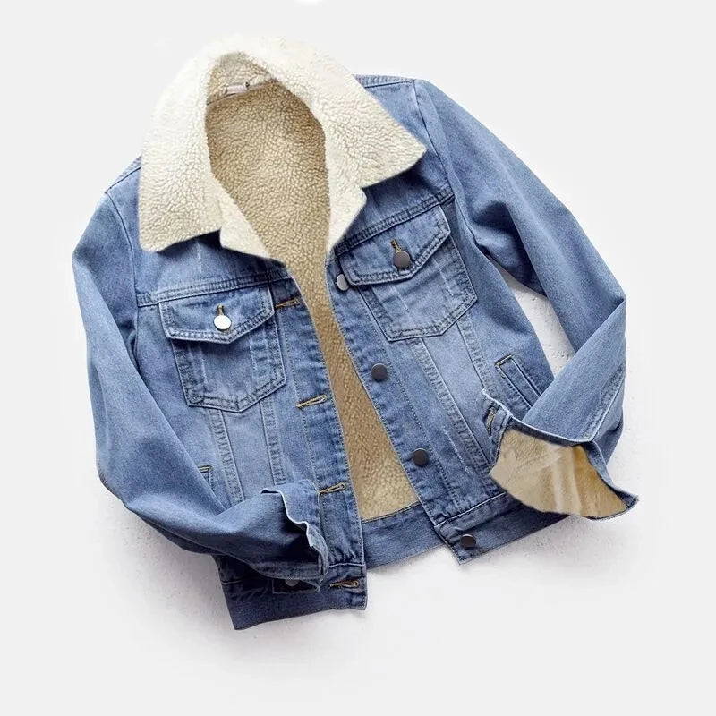 Fleece Warm Winter Jean Jacket Female Pockets Button Soft 2024 Warm Outerwear Fashion Slim Denim Coats For Women