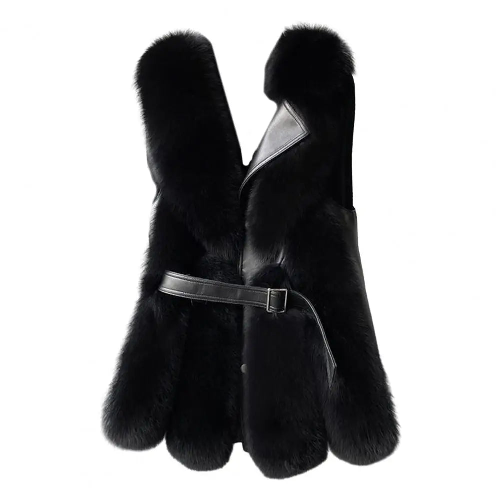 Winter Thick Fluffy Faux Fur Women Vest Coat Button Belt Patchwork Windproof Faux Leather Vest Sleeveless Waistcoat
