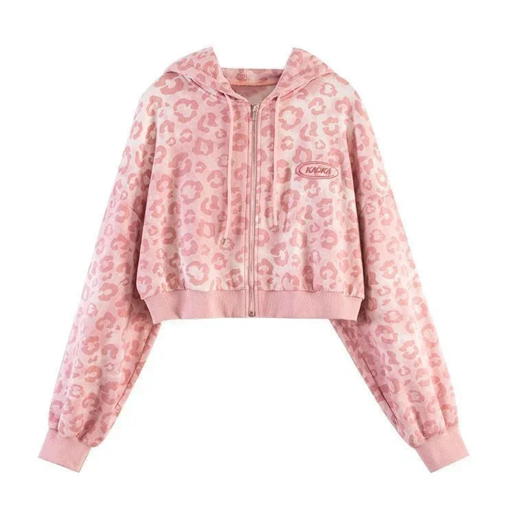 2023 Pink Leopard Slip-On Cropped Cardigan Jacket Women's Spring Autumn New Loose-Fit Hong Kong Style Vintage Hooded Sweatshirt