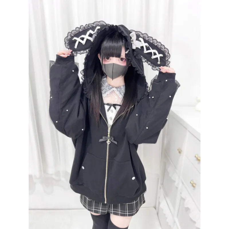 Bunny Hoodie Hoodies Y2K Rabbit Ear Hoodie Lolita Jacket Bow Girls Pearl JK Japan Lace Kawaii Zipper Cardigan Long Sleeved Top