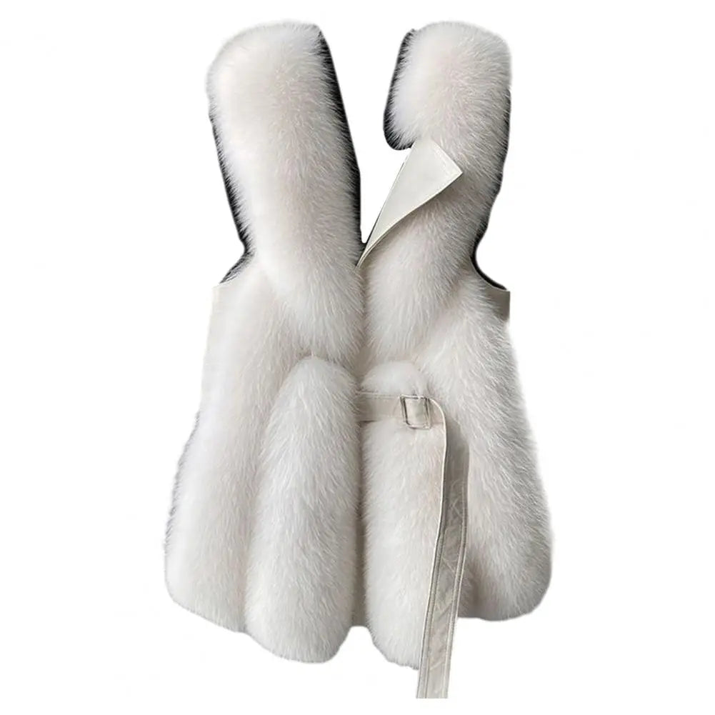 Winter Thick Fluffy Faux Fur Women Vest Coat Button Belt Patchwork Windproof Faux Leather Vest Sleeveless Waistcoat
