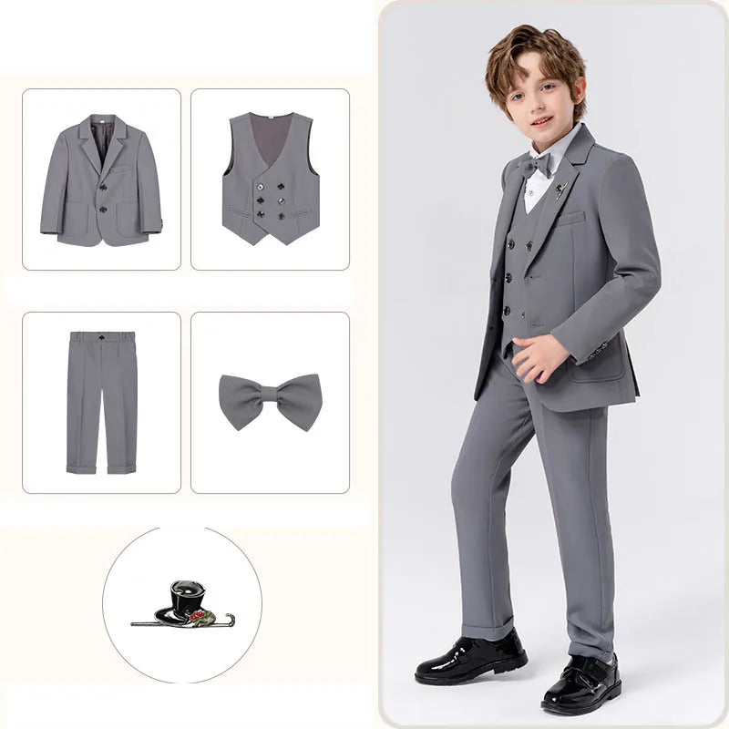5 Pieces Children Jacket Vest Pants Bowtie Brooch Photograph Suit Boys Host Piano Dress Gentle Kids Easter Performance Costume