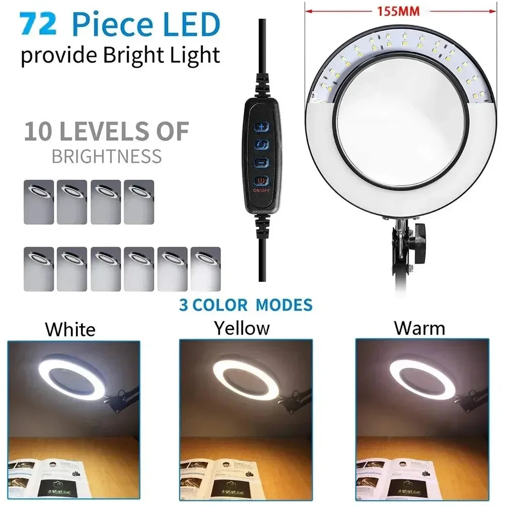 72LED Illuminated Magnifier 8X/10X - USB 3 Color LED Magnifying Glass Desk Lamp for Soldering Repair