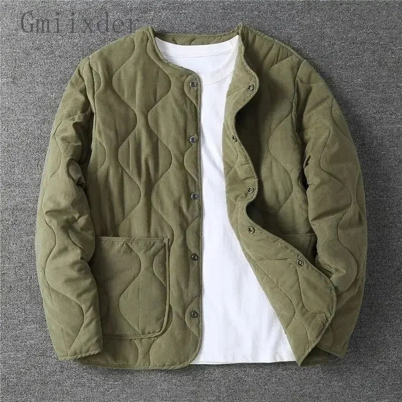 Autumn Winter O-neck Quilted Jacket Men's Versatile Green Retro Thickened Coat Men Techwear Button Up Oversize Jacket