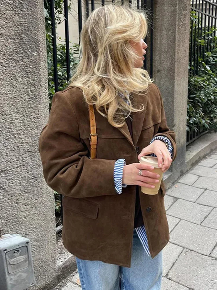 Boyfriend Brown Coat Women Spring - Turndown Collar Long Sleeve Loose Single-Breasted Jacket 2025